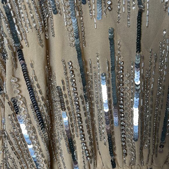 Mac Duggal Beaded Sequin Long Sleeve V Neck Surplice Neck Romper 10563 Nude 10 - Picture 6 of 12